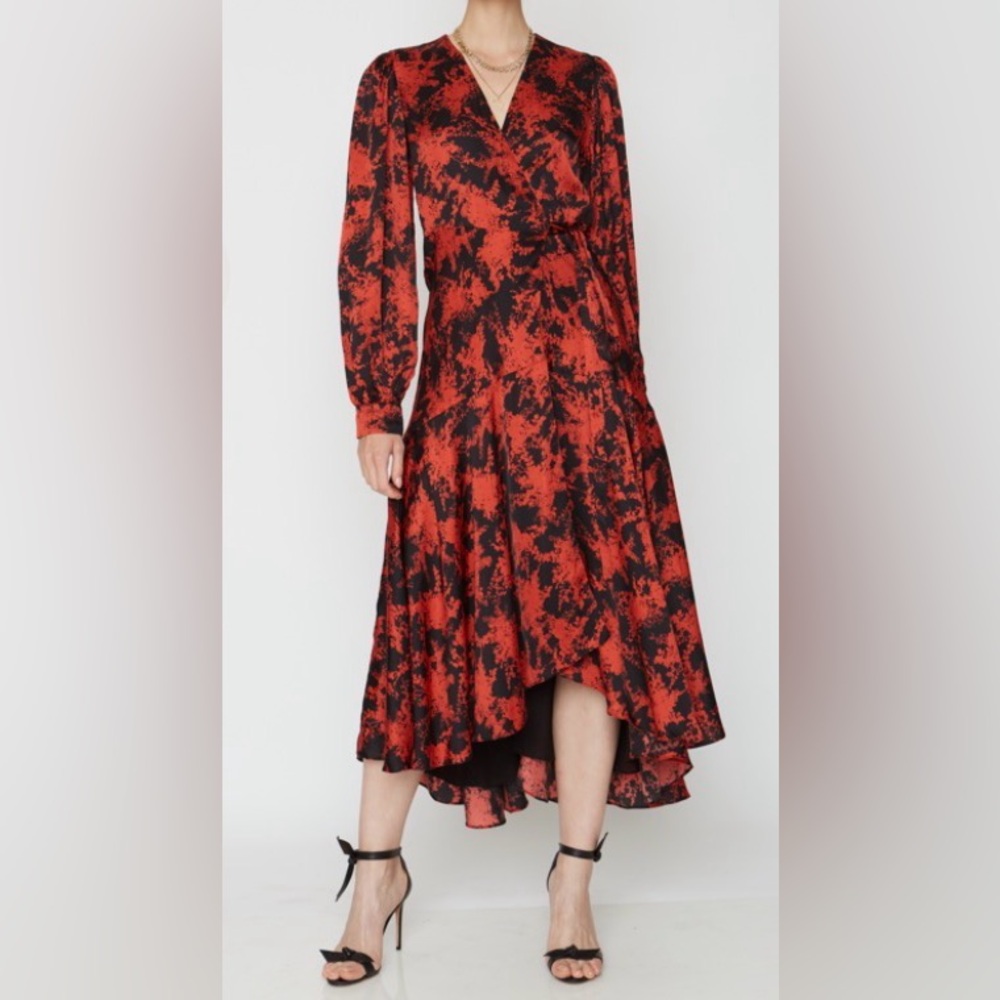 CABALERRO Red and Black Maximalist Abstract Silk Blend Wrap Midi Dress Size M
